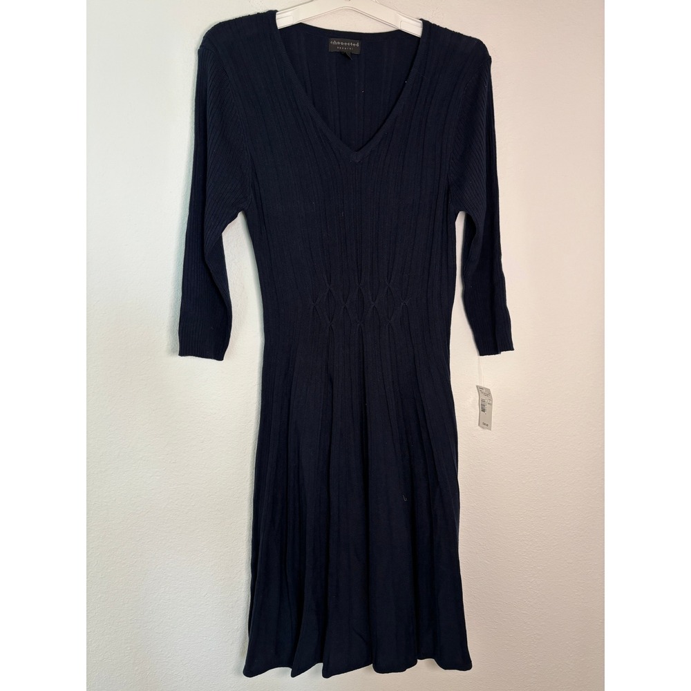 Connected Apparel Navy Blue Ribbed V-Neck Fit Flare Sweater Dress Large NWT
